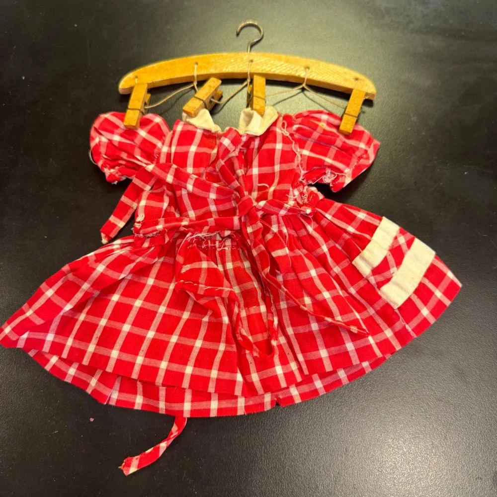 Vintage Doll Dress Red White Gingham Check Peter Pan Collar Tiny Hanger